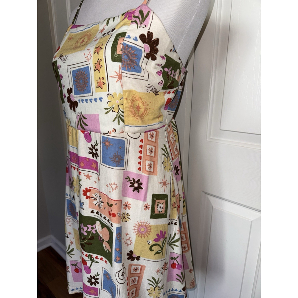 Monteau Patchwork Floral Sundress Large Cottagecore Linen Blend Boho Mini Dress - Picture 4 of 9